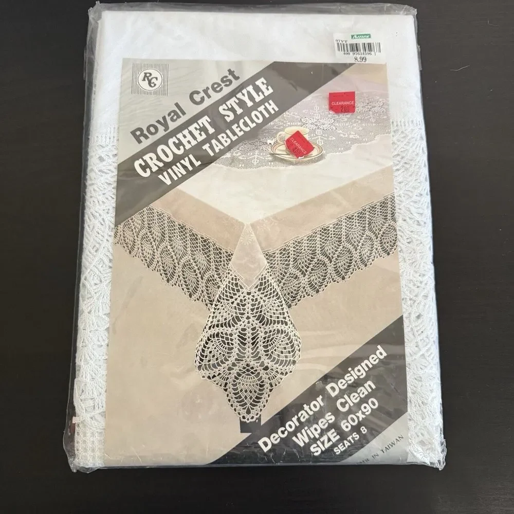 Vintage Royal Crest Tablecloth New Crochet Style Vinyl White Rectangular 60